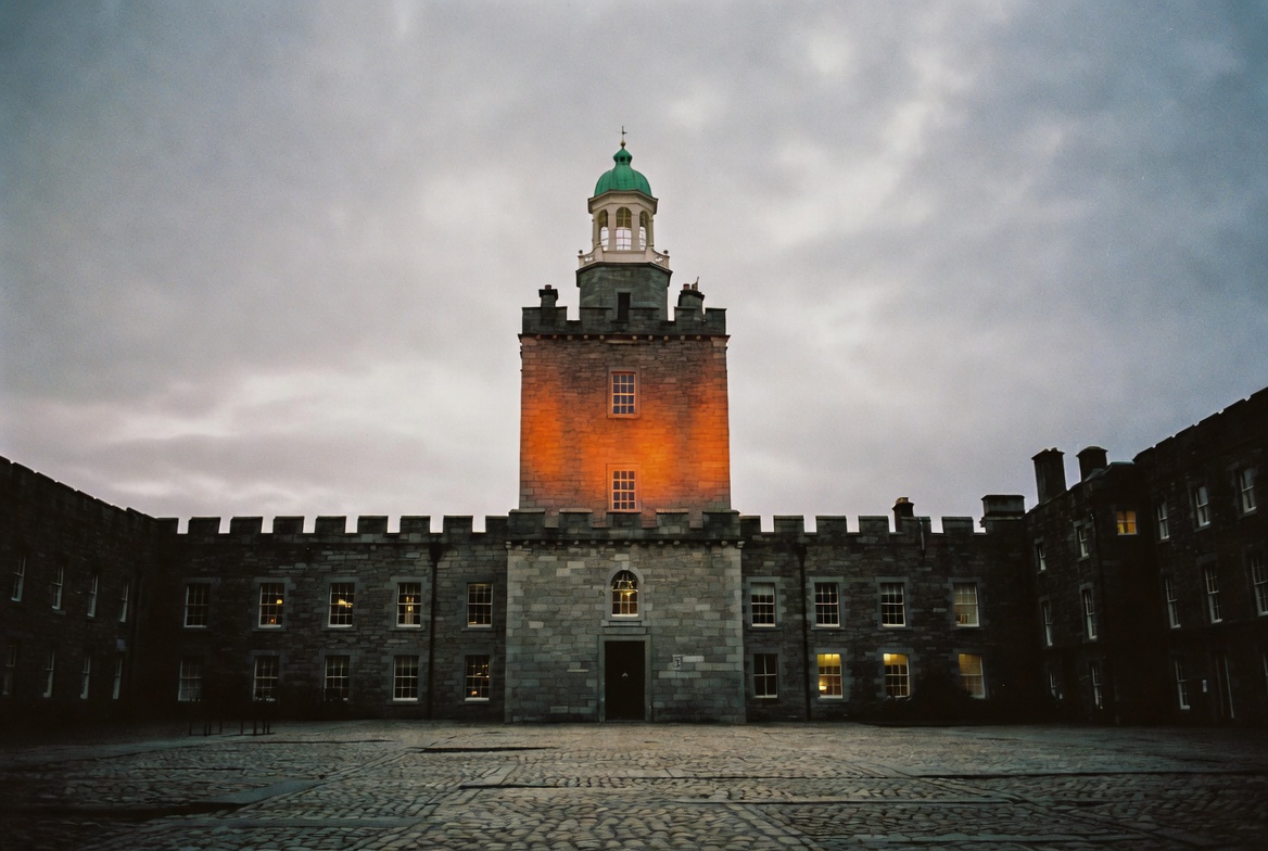 The Bedford Tower of Dublin Castle seen from the upper yard at dusk.