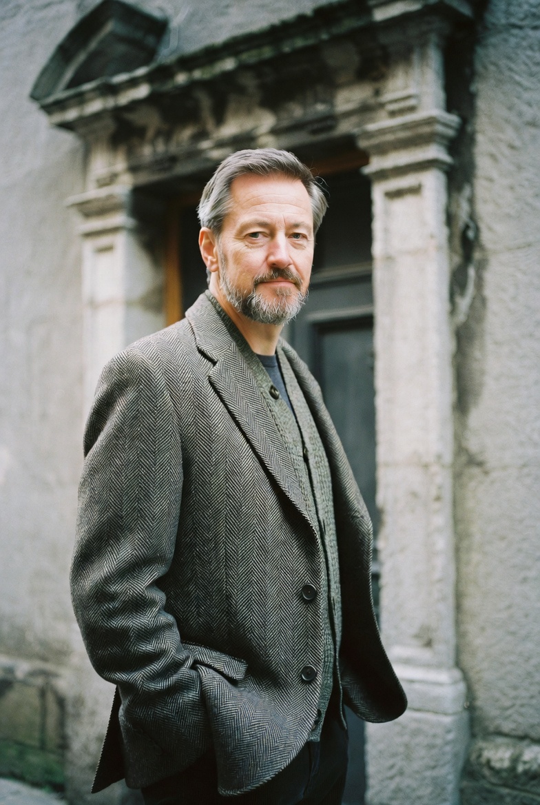Brendan Hayes, architecture guide, in a tweed jacket beside a Georgian doorway with a granite step.